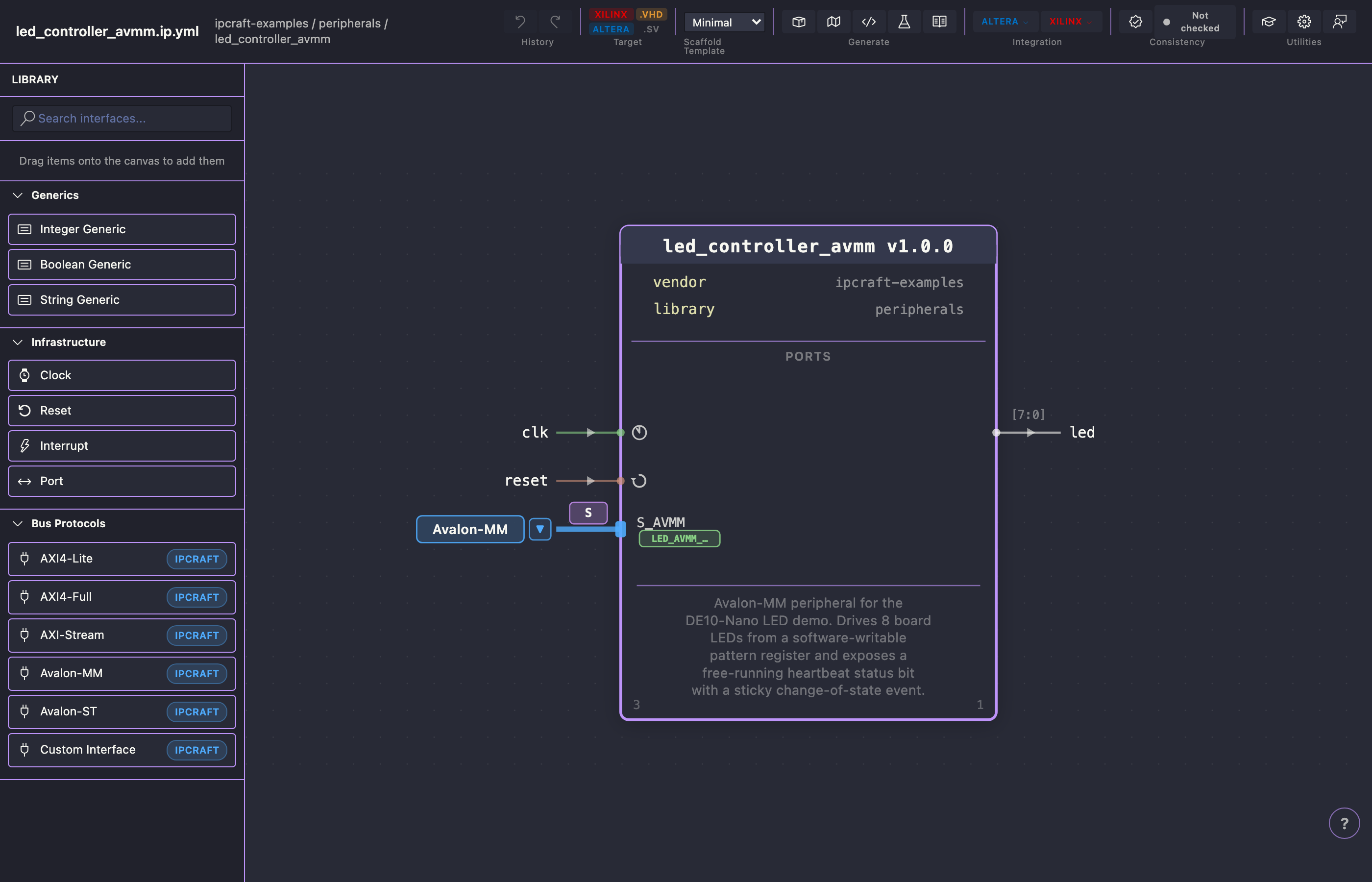 IP Core visual canvas with ports and bus interfaces