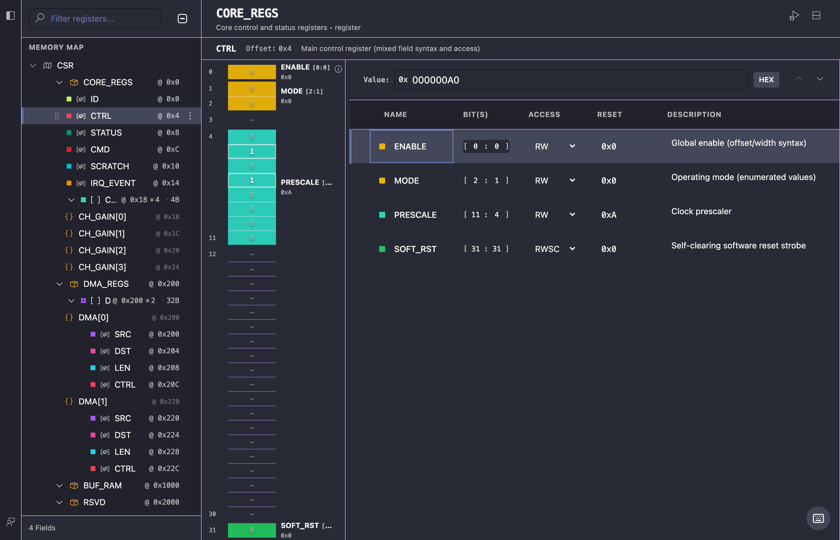 Memory map editor with register and bit-field tables
